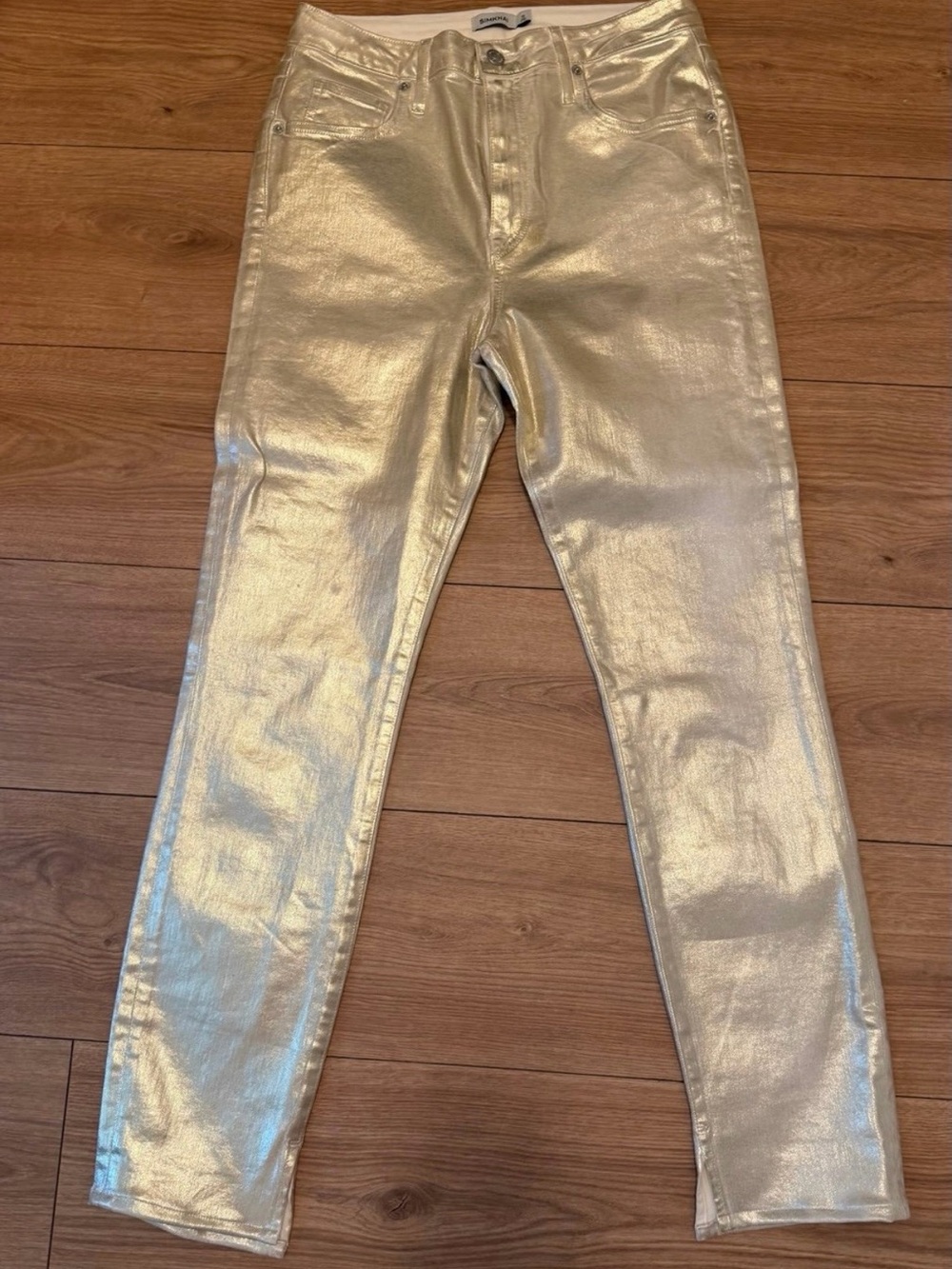 SIMKHAI Rae High Rise Skinny Jeans in Gold Foil Size 30